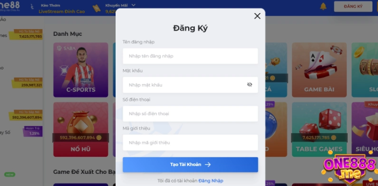 Hướng dẫn tạo tài khoản thành viên One88