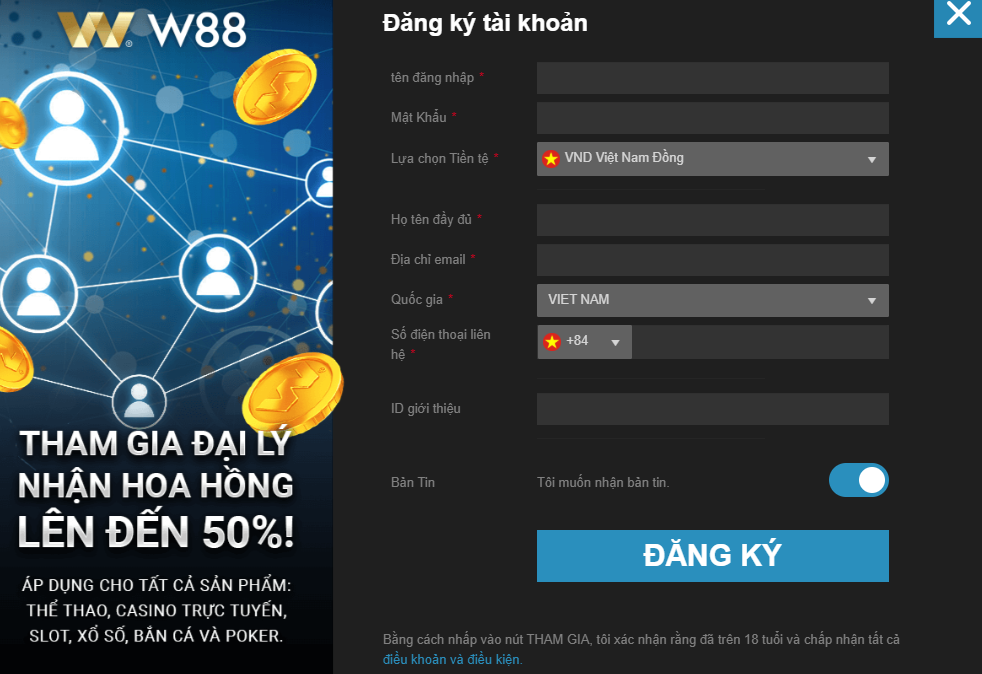 Đăng ký đại lý w88 nhận đặc quyền từ nhà cái