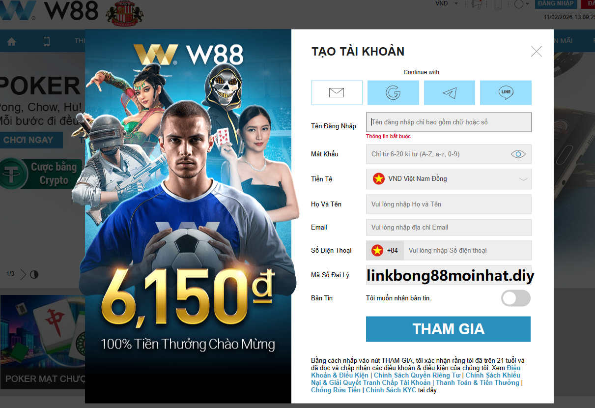 Điền thông tin đăng ký W88